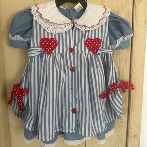 Vintage Rare Editions 3T Blue Stripe Heart Schoolhouse Dress - 2pc Set